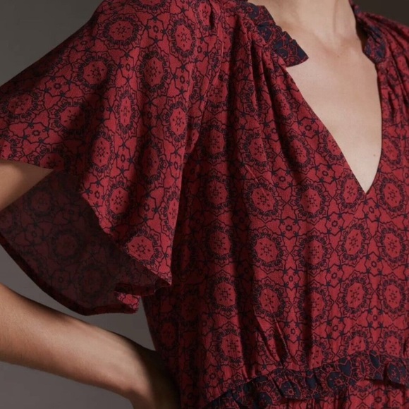 ANTHROPOLOGIE Robin Tiered Ruffle Dress in Red Floral Print size XS - Picture 3 of 4